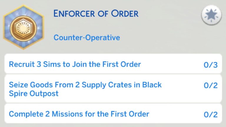 A screenshot from The Sims 4 showing the enforcer of order aspiration stage 1 tasks