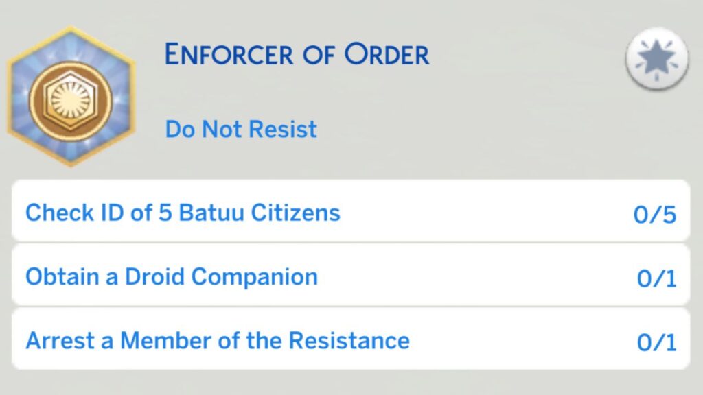 A screenshot from The Sims 4 showing the second stage of the enforcer of order aspiration 