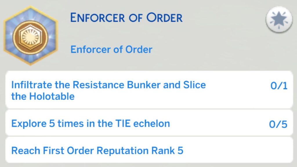 A screenshot from The Sims 4 showing the third stage of the enforcer of order aspiration 