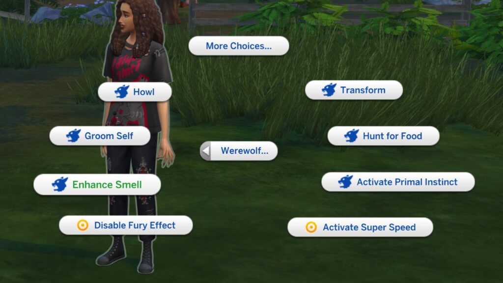 A screenshot from The Sims 4 showing the option to enhance a werewolves smell
