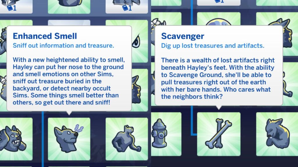 A screenshot from The Sims 4 showing the enhanced smell and scavenger werewolf abilities