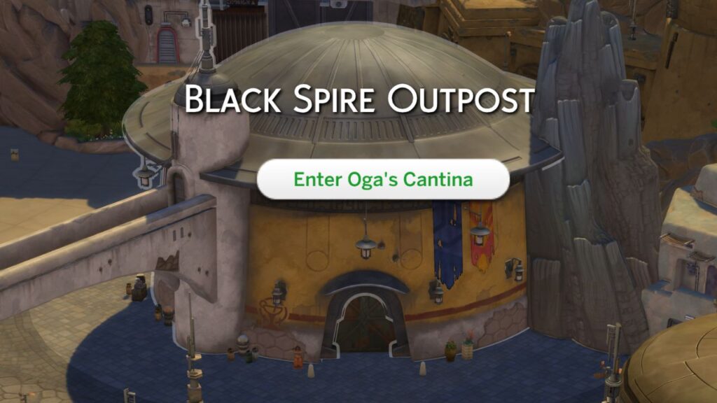 A screenshot from The Sims 4 showing the location of Oga's Cantina in Black Spire Outpost