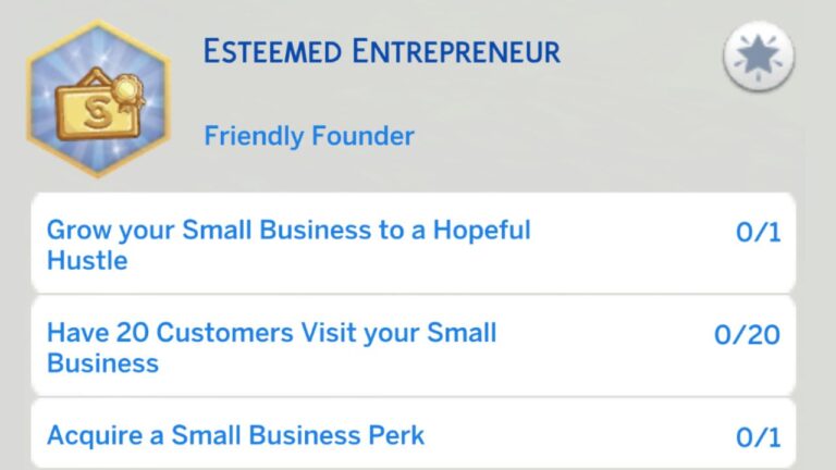 A screenshot from the sims 4 showing the first stage of the esteemed entrepreneur aspiration