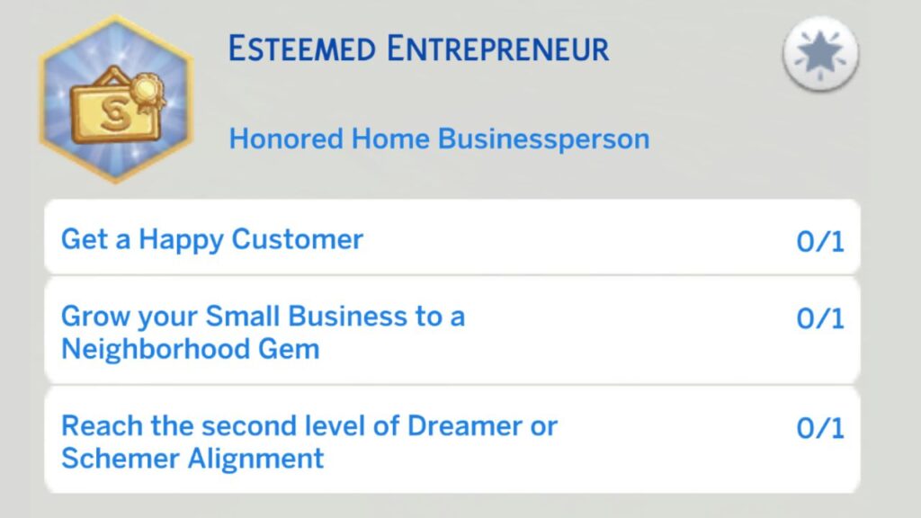 A screenshot from The Sims 4 showing the third stage of the esteemed entrepreneur aspiration