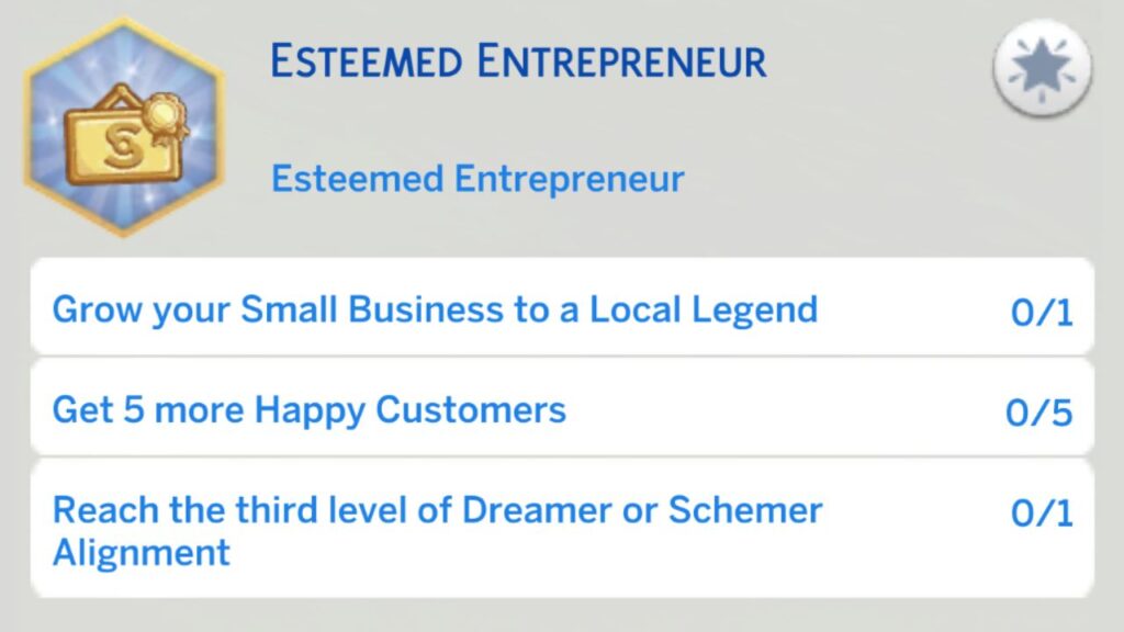 A screenshot from The Sims 4 showing the fourth stage of the esteemed entrepreneur aspiration