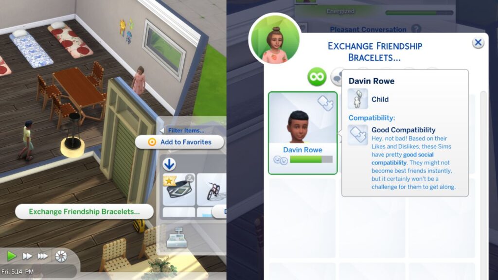 A screenshot from The Sims 4 showing how to exchange friendship bracelets with another sim