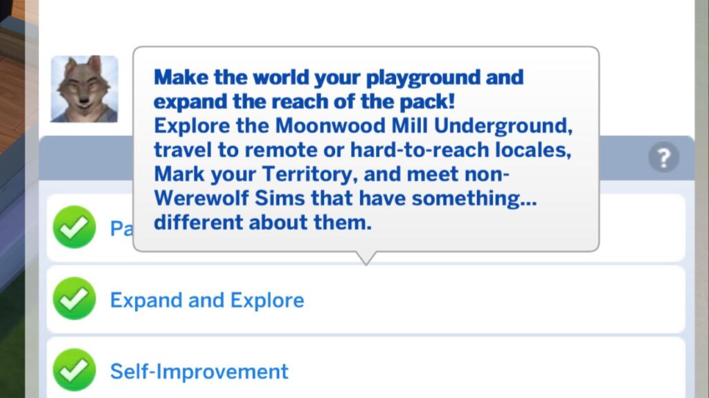 A screenshot from The Sims 4 showing the tasks required for the expand and explore options for the wild fangs