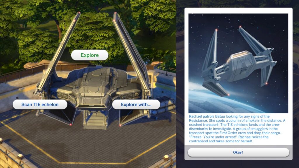 A screenshot from The Sims 4 showing how to explore TIE echelon in Batuu 