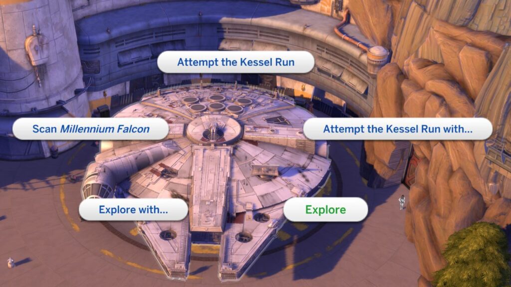A screenshot from The Sims 4 showing the option to explore in the millennium falcon