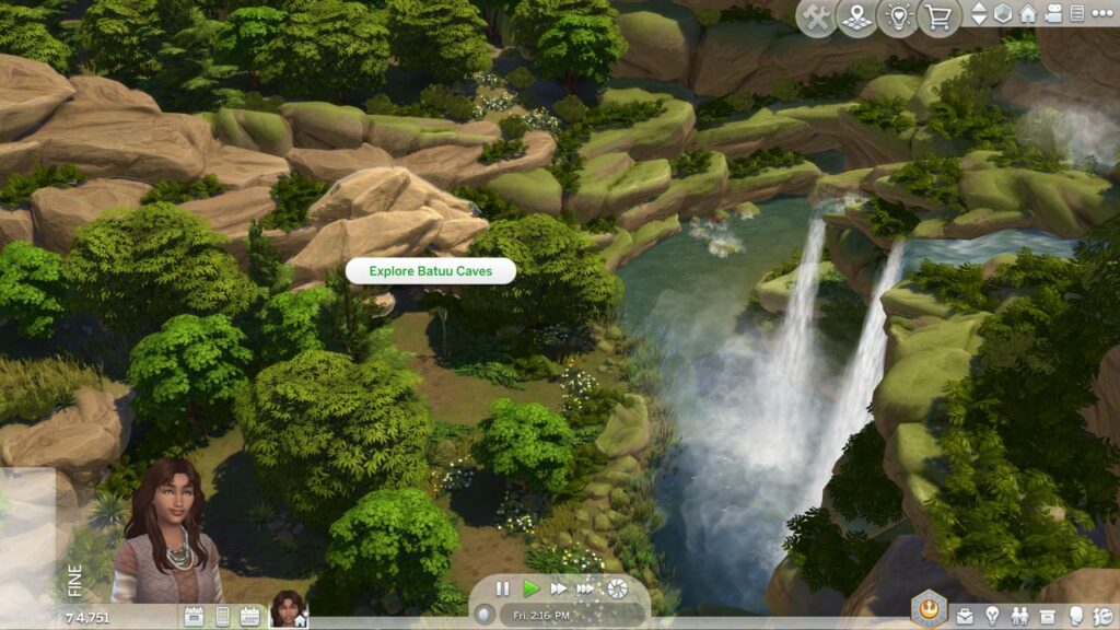 A screenshot from The Sims 4 showing the option to explore Batuu caves