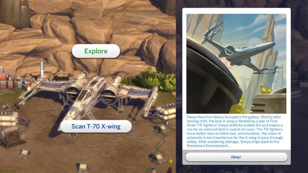 A screenshot from The Sims 4 showing how to explore in the X-Wing and an action card you see