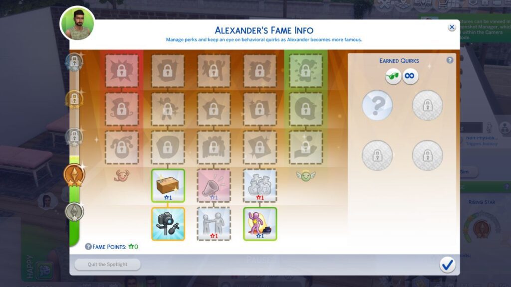 A screenshot from The Sims 4 showing the fame info panel for fame perks and quirks 