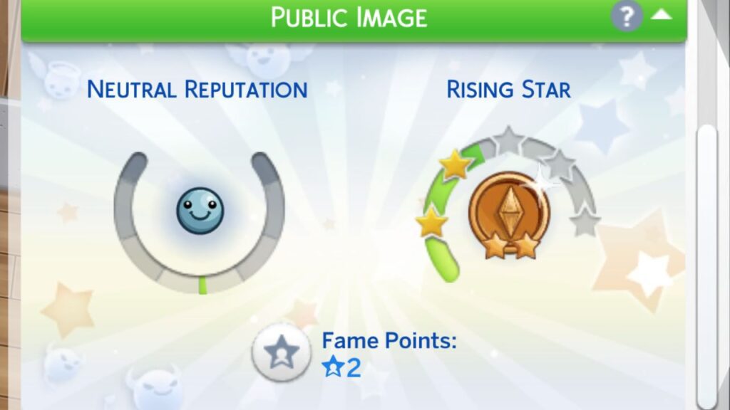 A screenshot from The Sims 4 showing the public image panel and fame points button 