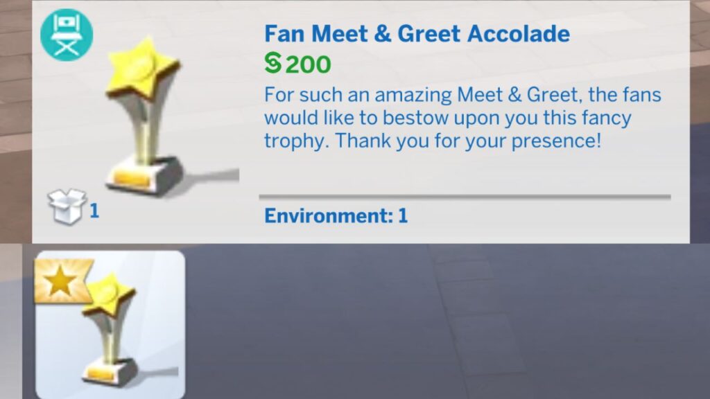 A screenshot from The Sims 4 showing the Fan Meet & Greet Accolade from hosting an event 
