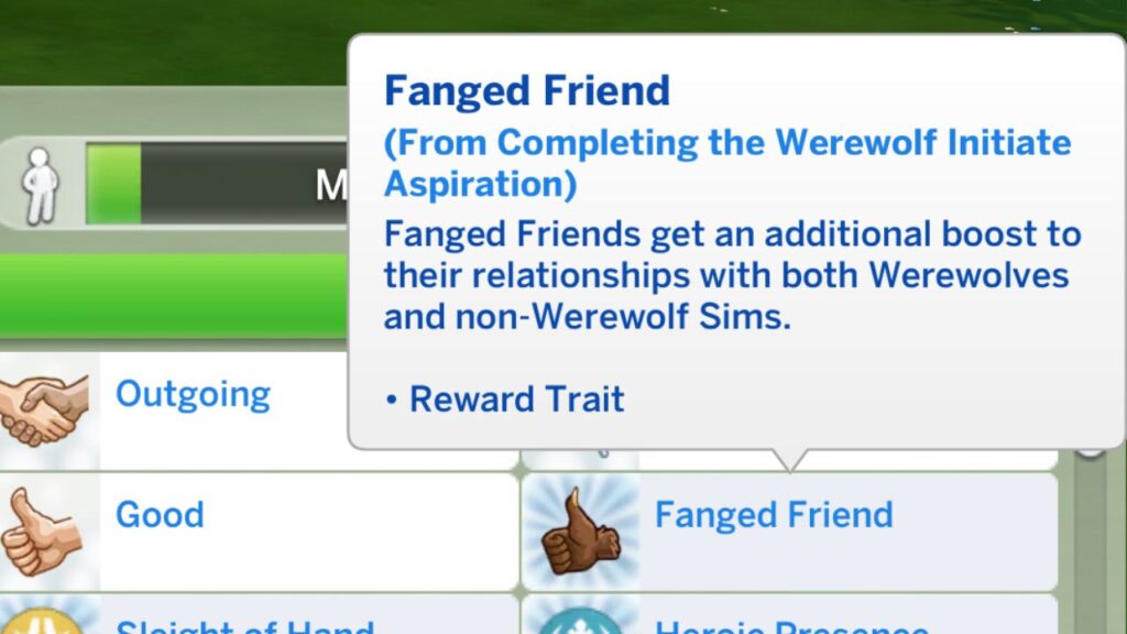 A screenshot from The Sims 4 showing the fang friend reward trait's description