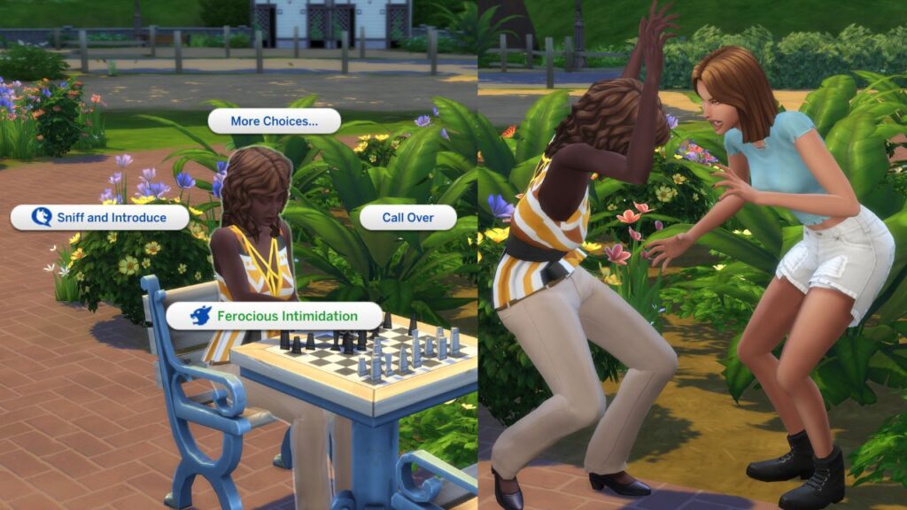 A screenshot from The Sims 4 showing the social interaction Ferocious Intimidation and a sim using it on another