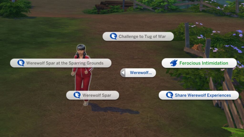 A screenshot from The Sims 4 showing the ferocious intimidation interaction