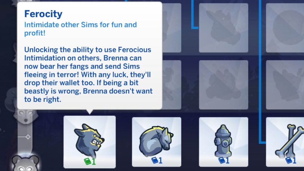 A screenshot from The Sims 4 showing the ferocity werewolf ability and it's description