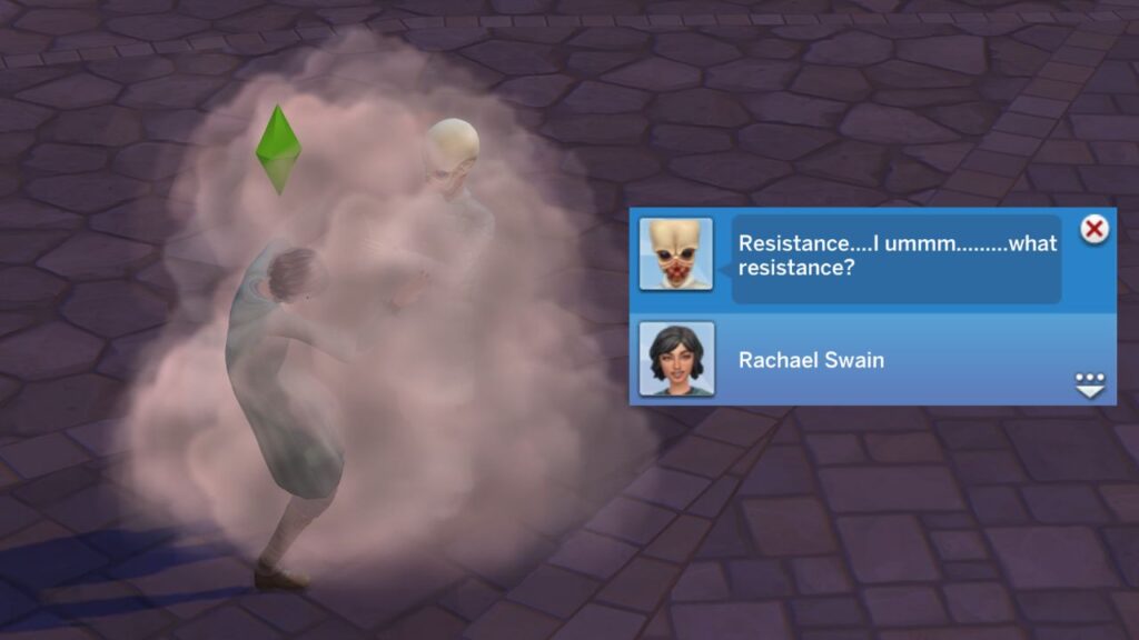 A screenshot from The Sims 4 showing a screenshot of two sims in a fight and a notification that says "Resistance... I ummm... what resistance?"