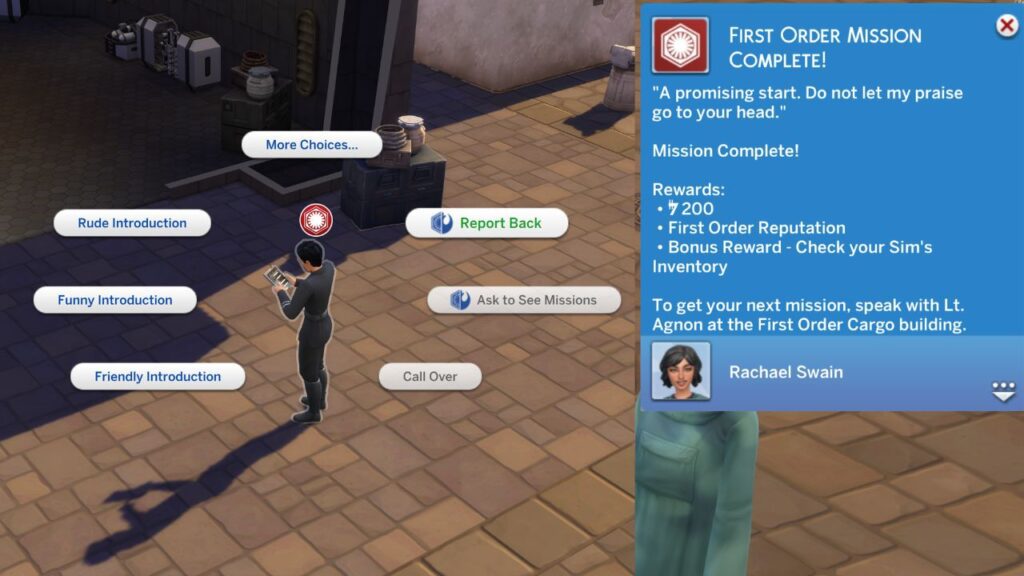 A screenshot from The Sims 4 showing how to report back to Lt Agnon