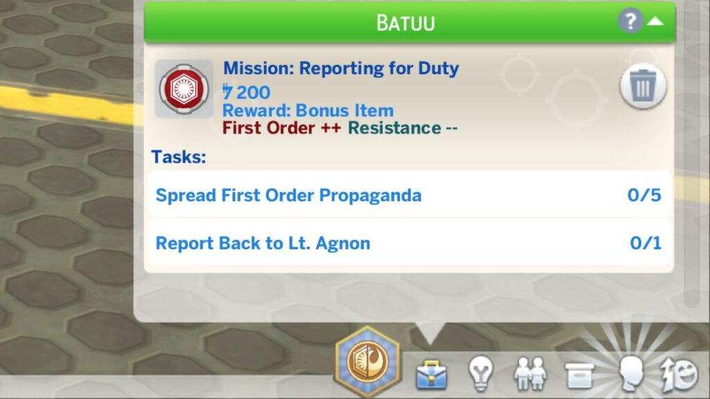 A screenshot from The Sims 4 showing a mission for the first order in Batuu