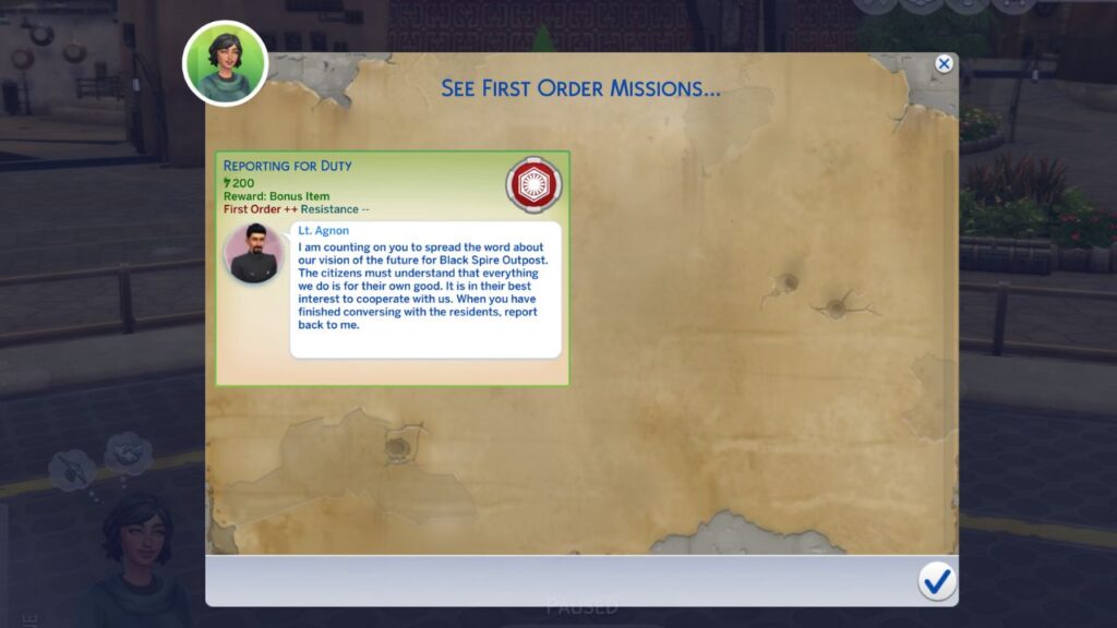 A screenshot from The Sims 4 showing the first order missions