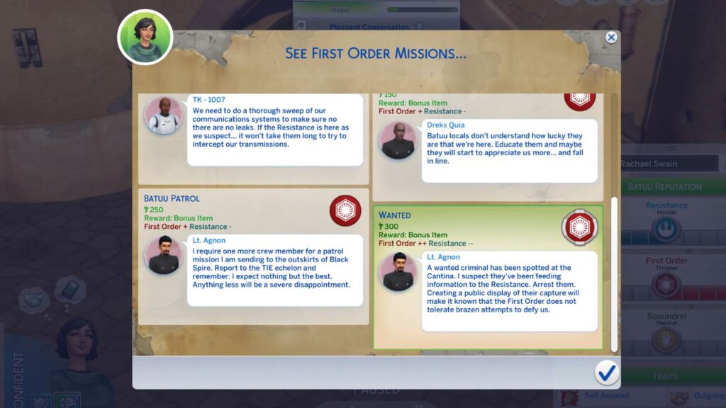 A screenshot from The Sims 4 showing the first order missions available to my sim 