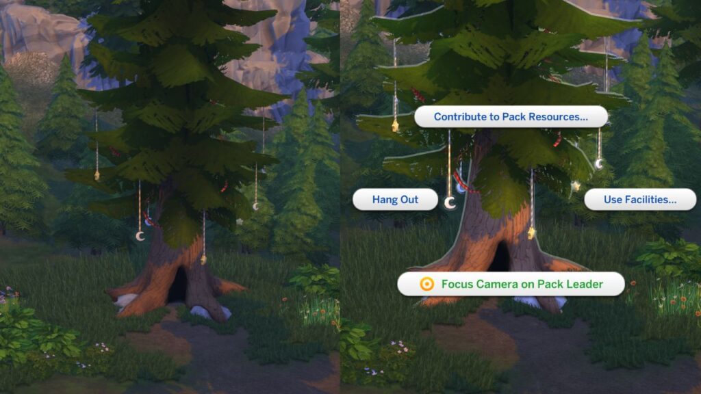 A screenshot from The Sims 4 showing the Moonwood Collective HQ tree with focus on pack leader option highlighted