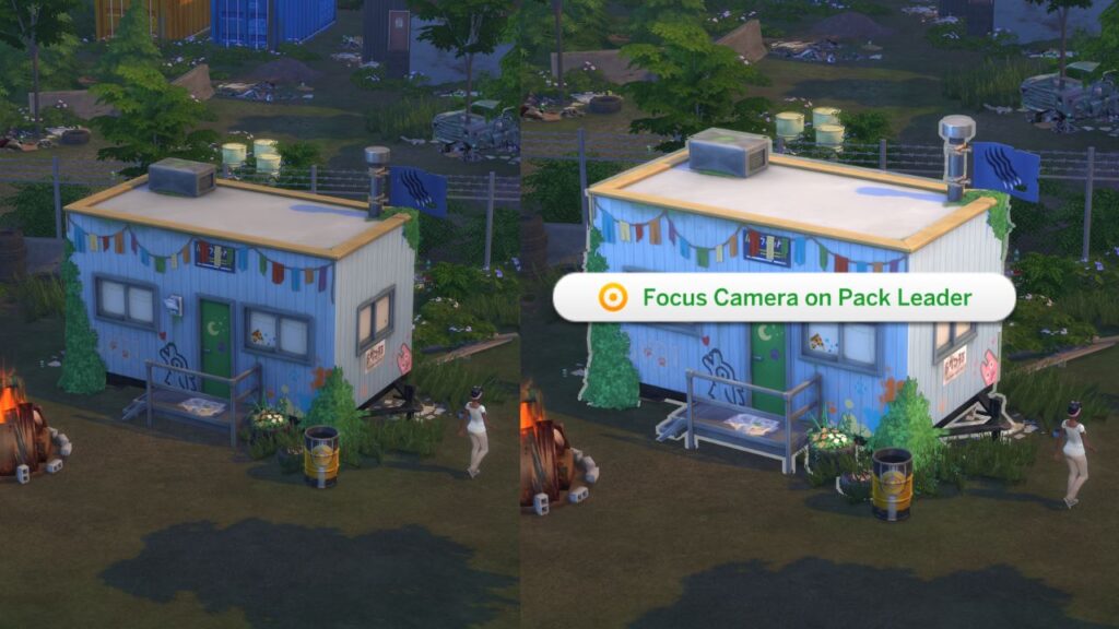A screenshot from The Sims 4 showing the trailer for the Wildfangs pack and the option to focus camera on pack leader
