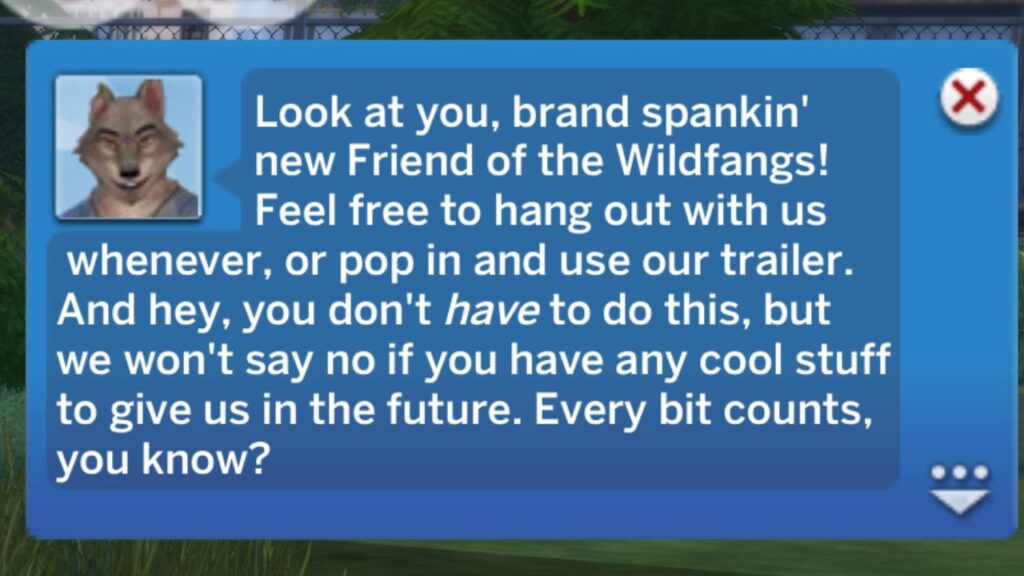 A screenshot from The Sims 4 showing the notification from Rory when you become a friend of the wildfangs