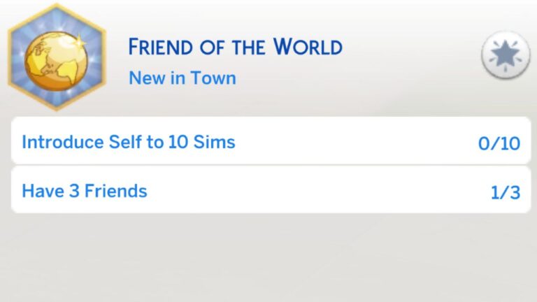 A screenshot from The Sims 4 showing the first stage of the friend of the world aspiration