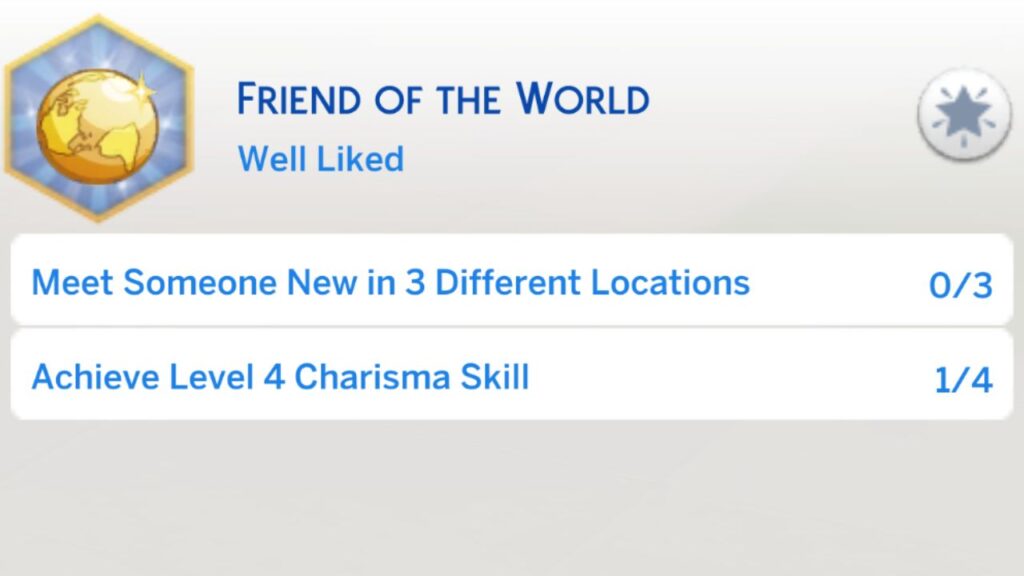 A screenshot from The Sims 4 showing the second stage of the friend of the world aspiration