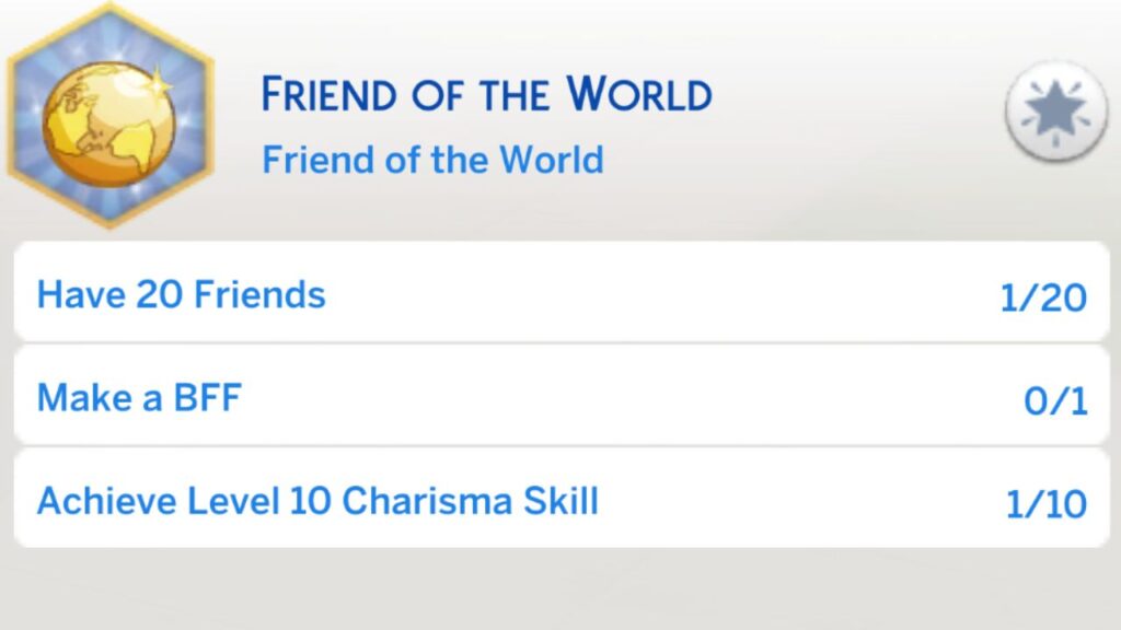 A screenshot from The Sims 4 showing the fourth stage of the friend of the world aspiration