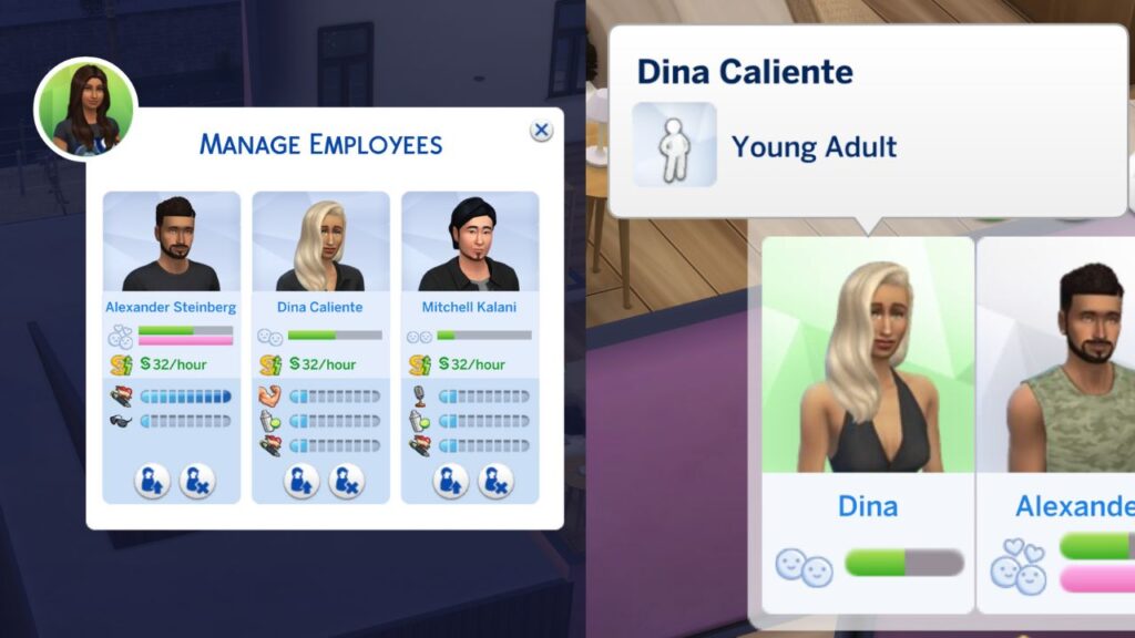 A screenshot from The Sims 4 showing a sim being friends with their employee in a small business