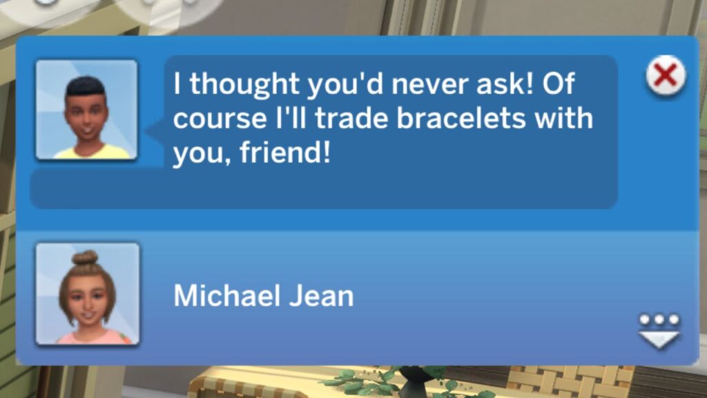 A screenshot from The Sims 4 showing the notification you get when you trade friendship bracelets with another sim