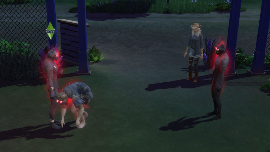 A screenshot from The Sims 4 showing three angry werewolves all in fury on a full moon