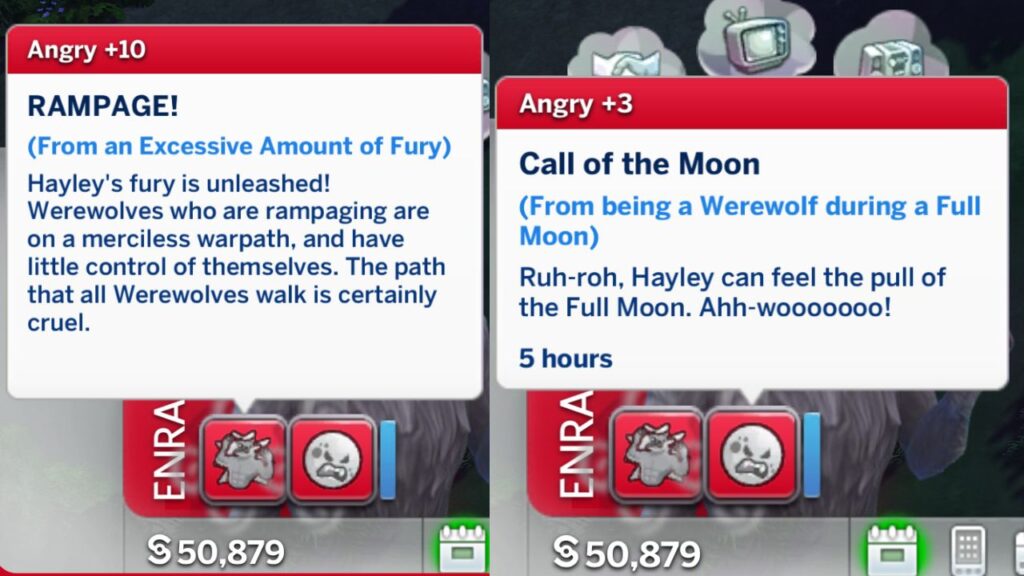 A screenshot from The Sims 4 showing two angry moodlets for a werewolf on a full moon