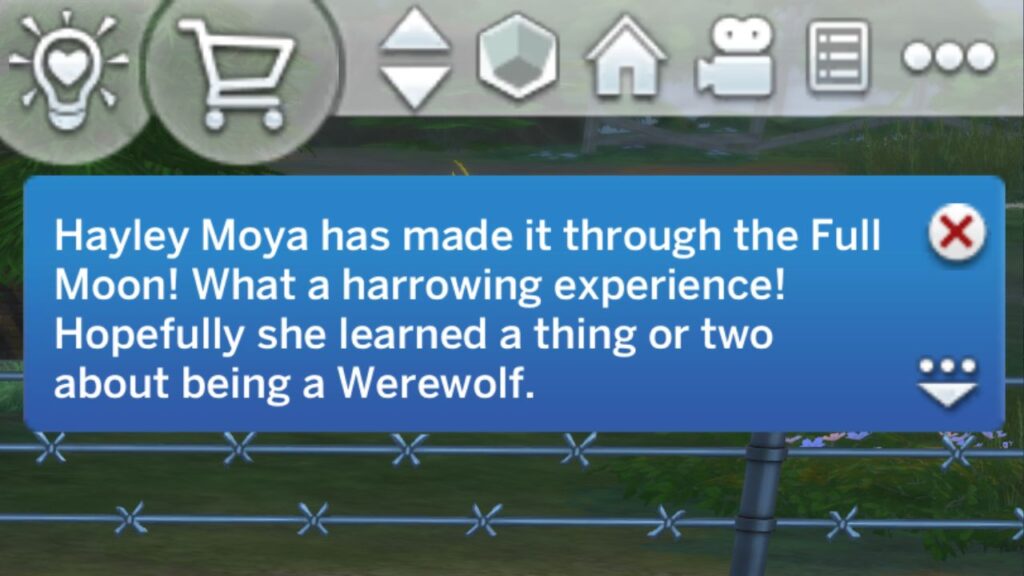 A screenshot from The Sims 4 showing the notification you get when you get through a full moon