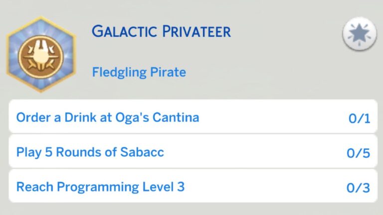 A screenshot from The Sims 4 showing the first stage of the galactic privateer aspiration
