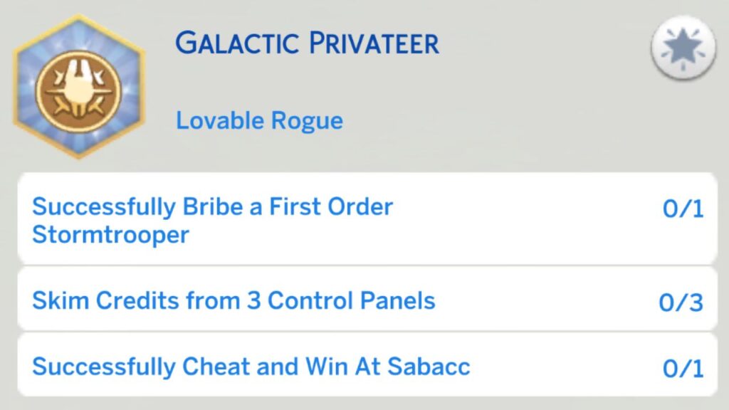 A screenshot from The Sims 4 showing the third stage of the galactic privateer aspiration