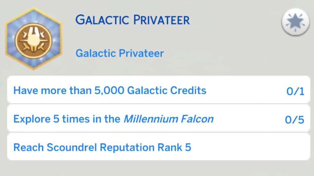 A screenshot from The Sims 4 showing the fourth stage of the galactic privateer aspiration