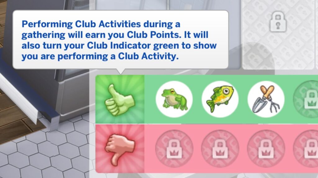 A screenshot from The Sims 4 showing the club activities for Garden Gnomes
