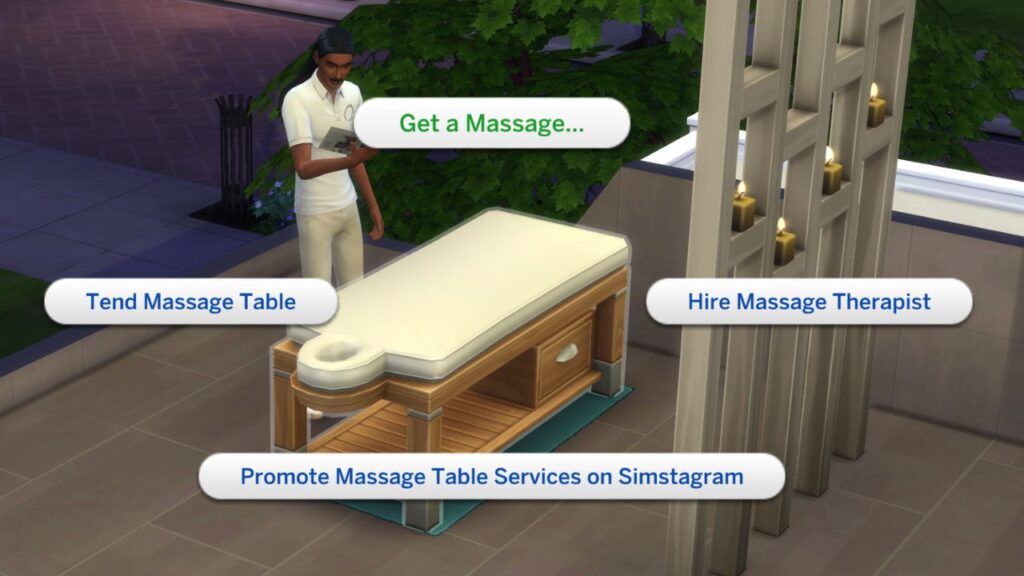 A screenshot from The Sims 4 showing how to get a massage at a Spa 