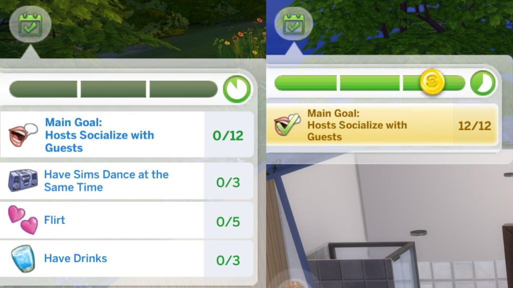 A screenshot from The Sims 4 showing a party event with gold score