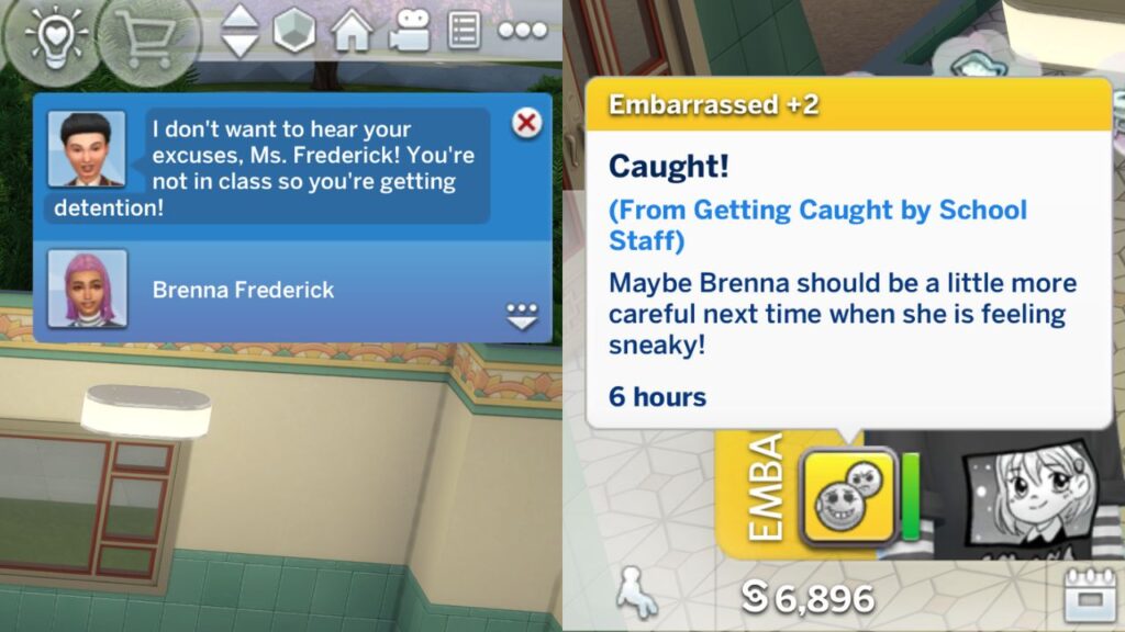 A screenshot from The Sims 4 showing the notification and moodlet you get when a sim gets caught skipping class