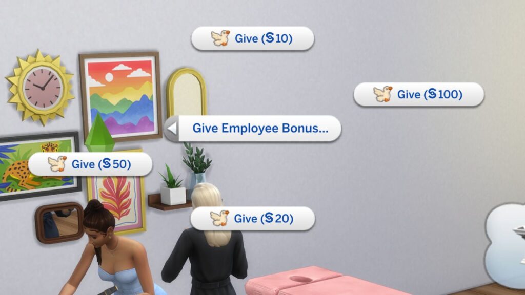 A screenshot from The Sims 4 showing the option to give an employee business in the dreamer alignment
