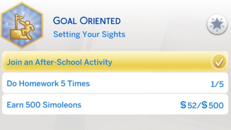 A screenshot from The Sims 4 showing the first stage of the goal oriented aspiration
