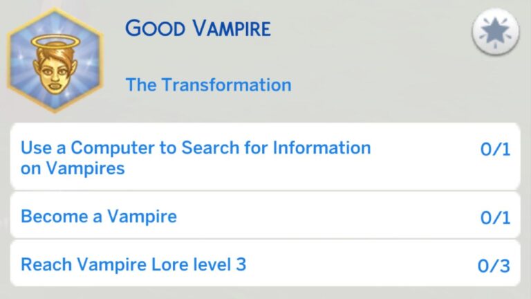 A screenshot from The Sims 4 showing the tasks for the first stage of the good vampire aspiration
