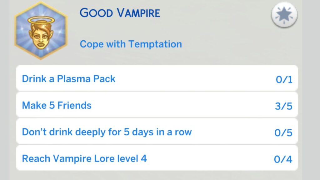 A screenshot from The Sims 4 showing the second stage of the good vampire aspiration 