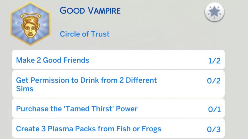 A screenshot from The Sims 4 showing the third stage of the good vampire aspiration 
